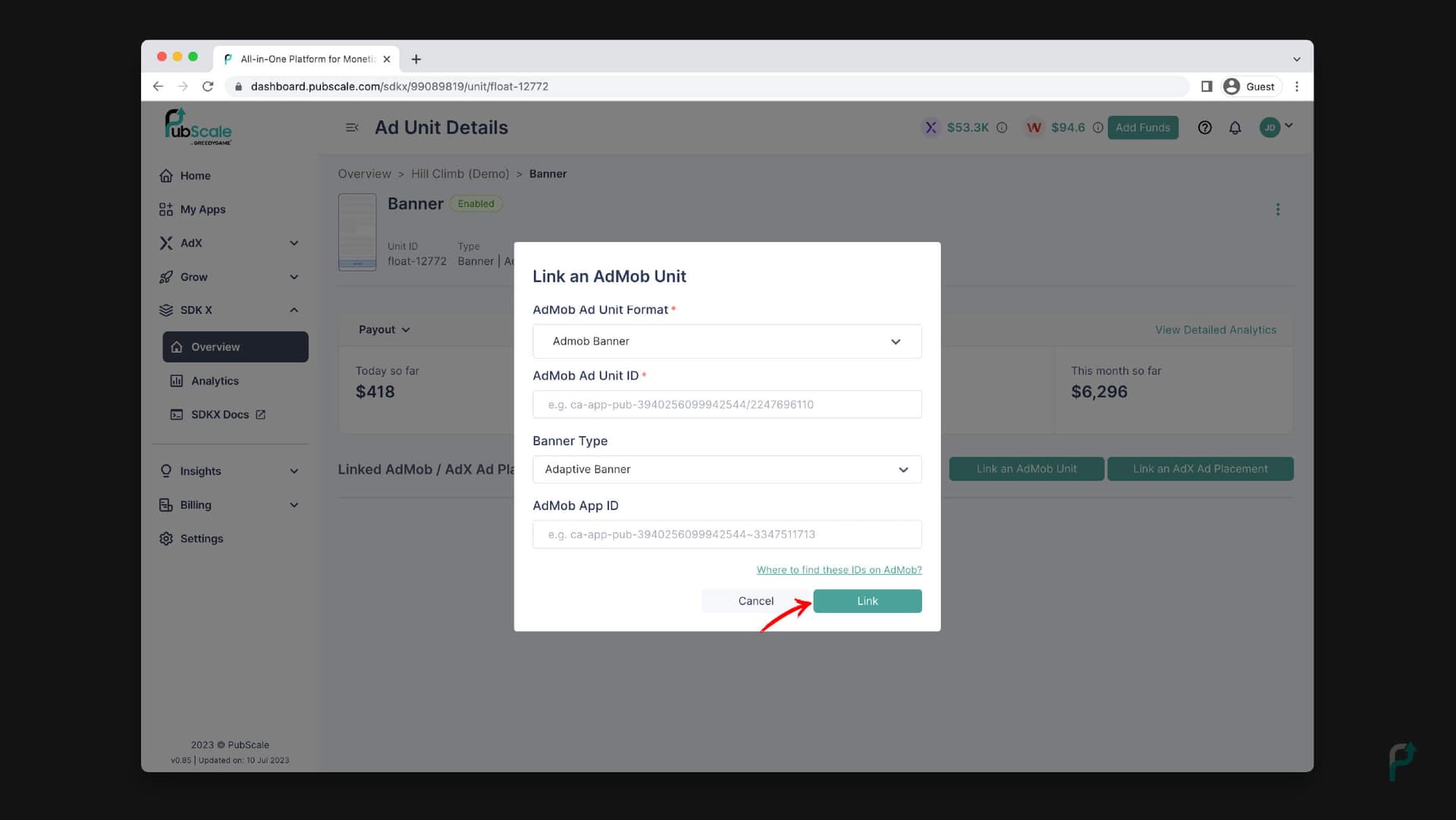 Add your AdMob Ad Unit and App ID