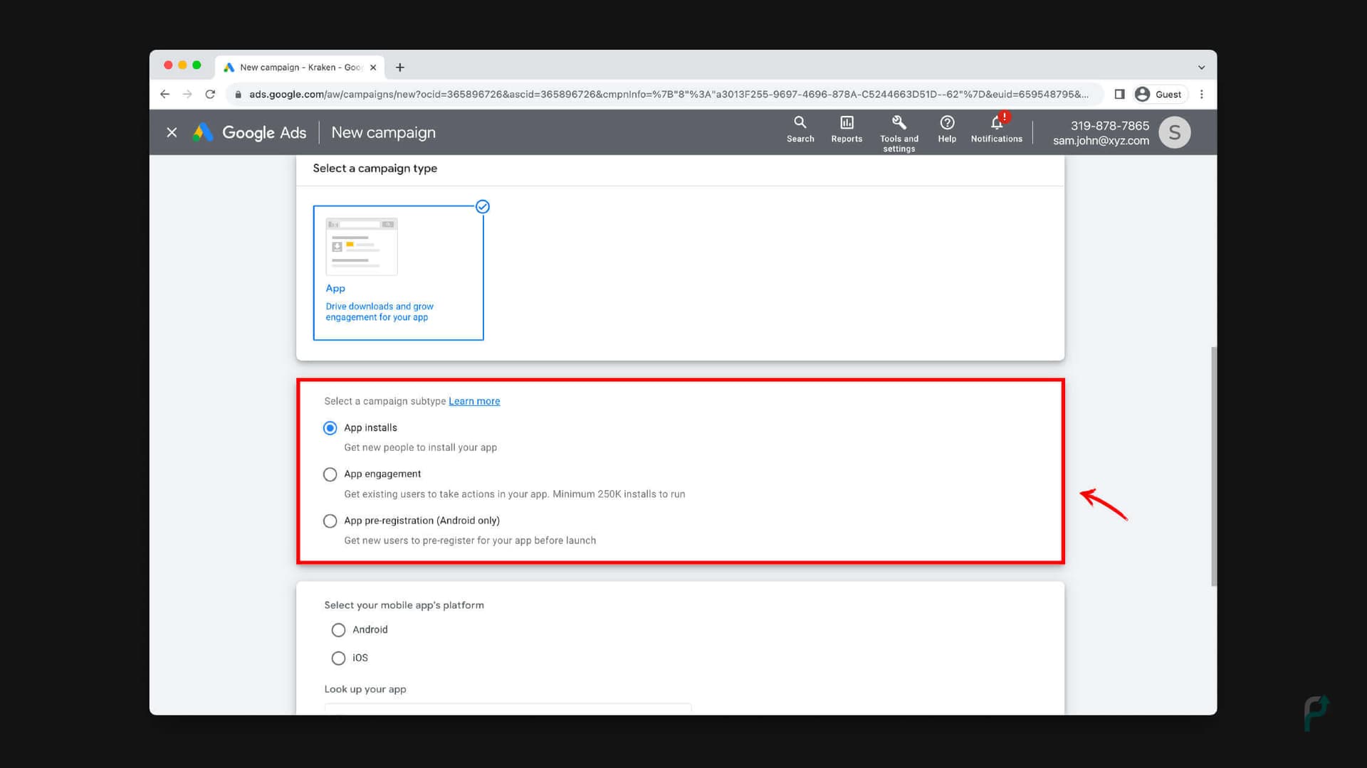 Step-5: Select a Campaign subtype